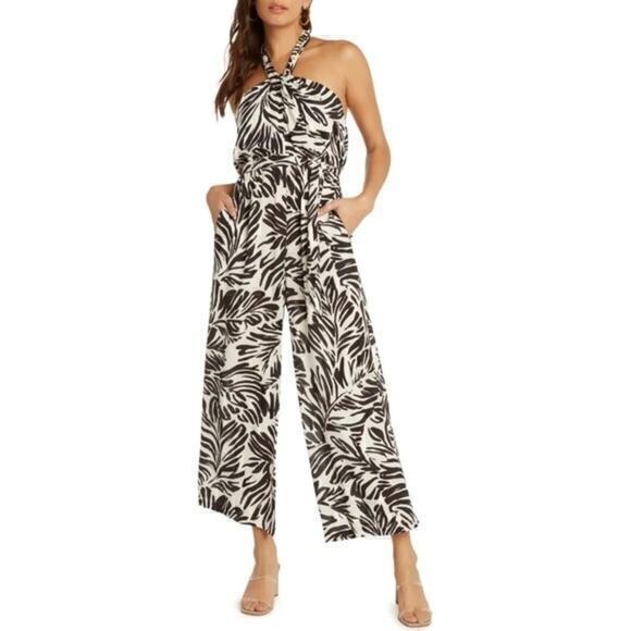 Willow Pants - Willow Monaco Tropical Leaf Print Black and White Halter Jumpsuit Size S NWOT